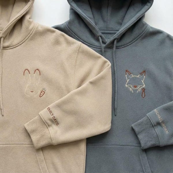 Sudadera con capucha bordada de pareja de conejo y zorro, sudaderas con capucha de animales de San Valentín a juego, manga con nombre personalizado, regalo de aniversario para novia