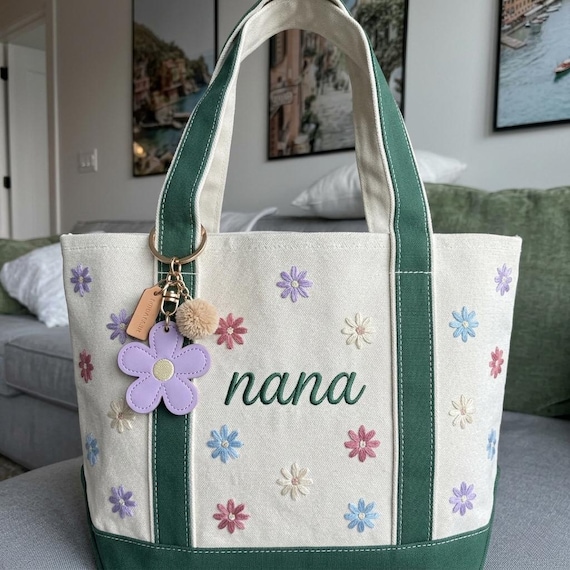 Personalized Embroidered Nana Tote Bag, Daisy Floral Canvas Boat Tote, Gigi Gift