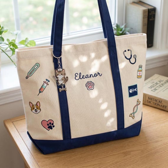 Personalized Veterinarian Boat Tote Bag, Custom Vet Tech Graduation Gift, Animal Care Emboidered Canvas Tote, Veterinary Medicine Accessory
