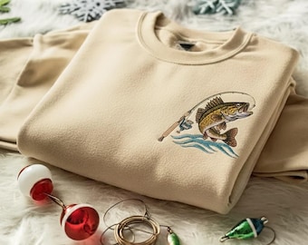 Embroidered Walleye Fish and Rod Design Crewneck, Sweatshirt Gift for Fishing Lover, Personalized Fishing Pullover
