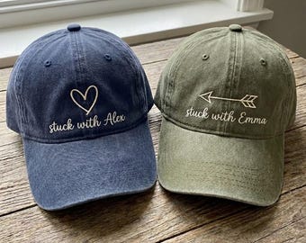 Embroidered Heart and Arrow Couples Cap, Custom Embroidered Washed Cap, Initial With Name, Matching Boyfriend Girlfriend Gift