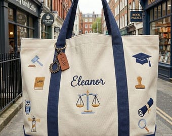 Personalized Lawyer Tote Bag, Custom Name Law School Graduation Gift, Embroidered Attorney Canvas Bag, Legal Icons Bag
