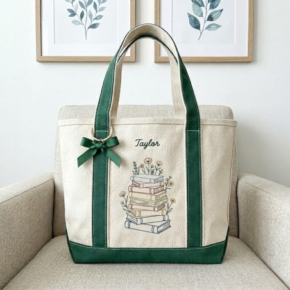 Personalized Bookish Embroidered Boat Tote, Custom Reader Gift, Library Bag, Bookworm Tote