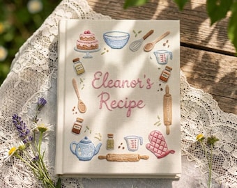 Cottagecore Embroidered Recipe Journal, Vintage Linen Kitchen Journal, Personalized Blank Cookbook