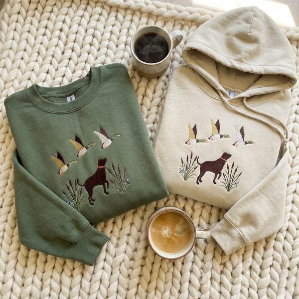 Duck Hunting Sweatshirt, Embroidered Mallard Hoodie, Chocolate Lab Dog Shirt, Duck Blind Gift, Waterfowl Hunting Crewneck, Mens Outdoor Top