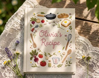 Puede incluir: Un libro de tapa dura color crema con motivos de cocina bordados que incluyen una sartén, pan, un huevo frito, un batidor, una taza medidora, verduras y utensilios. El texto "Olivia's Recipe" está bordado en rosa en el centro.