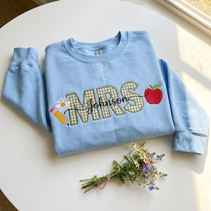 Personalized Teacher Sweatshirt, Embroidered Gingham Applique Shirt, Back to School Teacher Gift