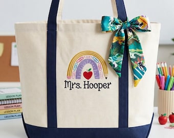 Custom Embroidered Teacher Tote Bag, Rainbow Canvas Boat Bag (Zippered)