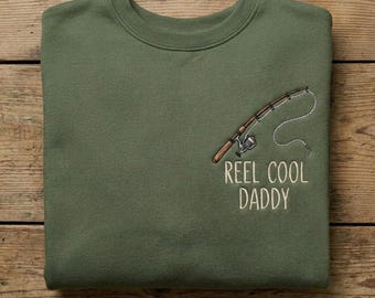 Reel Cool Grandpa Embroidered Sweatshirt, Custom Fishing Crewneck, Funny Father's Day Gift, Fisherman Dad Hoodie, Fishing Rod Shirt