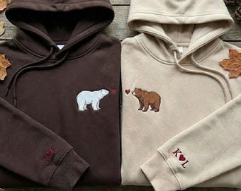 Custom Bear Couple Hoodies, Matching Polar Bear Sweatshirt, Embroidered Sleeve Initial, Anniversary Gift for Him Her, Winter Date Night