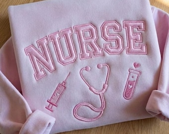 Embroidered Nurse Valentine Sweatshirt, Pink Varsity Letter Crewneck, Cute Nursing Student Gift, Stethoscope Heart Shirt, RN LPN Apparel