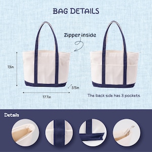 K&ouml;nnte beinhalten: Eine wei&szlig;e Tragetasche mit marineblauen Akzenten. Die Tasche hat einen Rei&szlig;verschluss innen und drei Taschen auf der R&uuml;ckseite. Sie ist 45 cm breit, 33 cm hoch und 9 cm tief. Der Text "BAG DETAILS" ist enthalten.