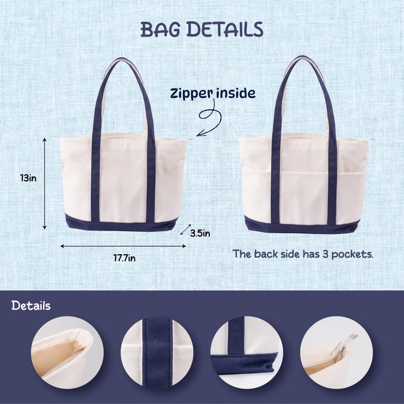K&ouml;nnte beinhalten: Eine wei&szlig;e Tragetasche mit marineblauen Akzenten. Die Tasche hat einen Rei&szlig;verschluss innen und drei Taschen auf der R&uuml;ckseite. Sie ist 45 cm breit, 33 cm hoch und 9 cm tief. Der Text "BAG DETAILS" ist enthalten.