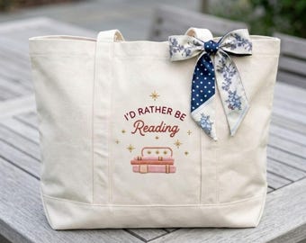 Custom Book Lover Canvas Tote Bag for Librarian, Embroidered I'd Rather Be Reading Bookworm Tote, Personalized Reader Gift