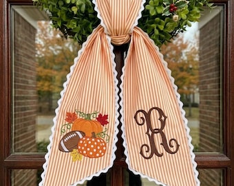 Fall Kick Off Wreath Sash, Football Pumpkin Embroidered Ribbon, Personalized Monogram Front Door Decor, Custom Game Day Porch Ribbon