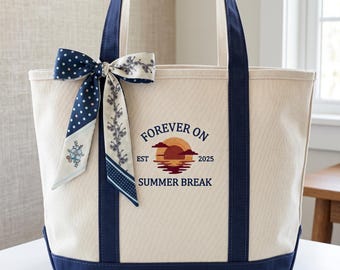 Forever On Summer Break Beach Bag, Teacher Retirement Gift, Custom Embroidered Canvas Tote Bag, Personalized Retired Teacher Gifts