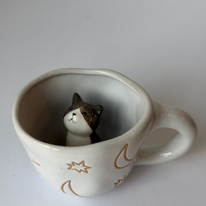 Ceramic Cat Inside Mug, Moon Stars Cup, Whimsical Coffee Tea Mug