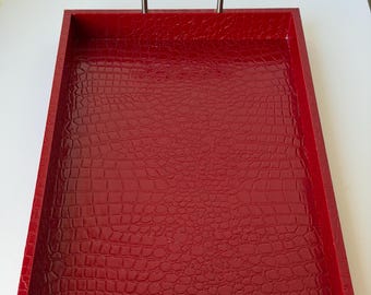 Red Faux Crocodile Ottoman, Large Decorative Vanity Tray, Hollywood Regency Coffee Table (18x12)