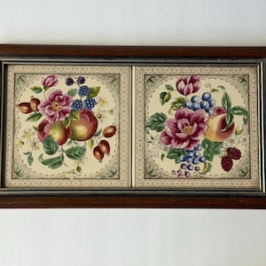 Bandeja de chá vitoriana Tilecrafts | Azulejos de cerâmica com estampa floral de frutas duplas, alças de latão