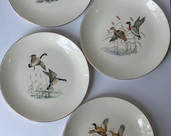 Zestaw 4 zabytkowych talerzy z motywem ptaków łownych, Laughlin International Pheasant Duck Goose