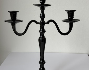 Gloss Black Metal 3-Arm Candelabra, 14" Taper Candle Holder, Moody Gothic Decor