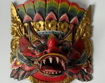 Hand Carved Balinese Barong Mask | Gold Leaf Wood Wall Art, Boho Global Decor