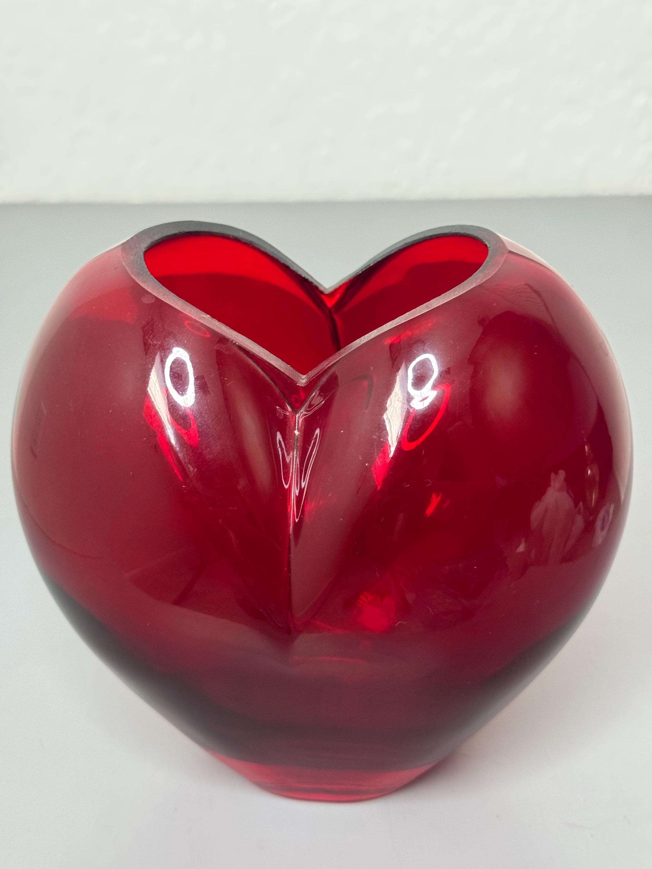 Vintage Ruby Red Glass Heart Vase - Handblown Art Glass Valentine Decor