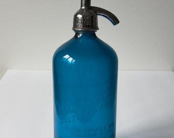 Vintage Cobalt Blue Seltzer Bottle, Jamaica NY 1950s Czech Glass Siphon (Display Piece)