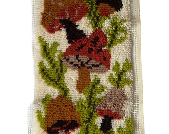 Vintage 1970s Mushroom Latch Hook Wall Hanging | Earth Tone Fiber Art Tapestry Decor