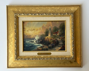 Thomas Kinkade Light of Peace Framed Print, Ornate Gold Leaf Frame, Lighthouse Coastal Art