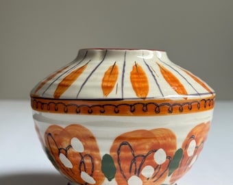 Discontinued Anthropologie Hand-Painted Ceramic Bowl – Orange Floral Folk Art Pottery, Boho Terracotta Decor