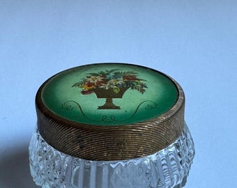 Vintage Cut Glass Vanity Jar • Floral Brass Lid, Shabby Chic Decor