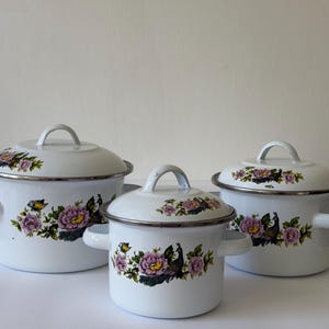 Vintage Peacock Floral Enamelware Pot Set, White Cookware with Lids (1980s-90s)