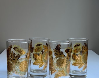 Vasos de highball vintage Bartlett Collins con crisantemo y oro de 22 quilates - Juego de 4
