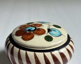 Vintage Tonala Pottery Lidded Jar | Hand Painted Mexican Folk Art Trinket Box