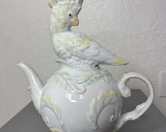 Rare Anthropologie Preening Parrot Teapot – Footed Porcelain Cockatoo with Yellow Feathers – Collectible Kitchenware