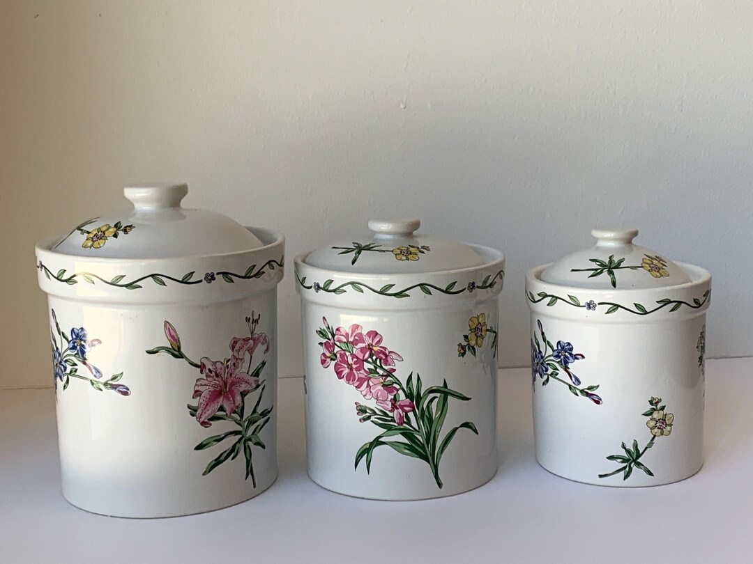 Floral Stoneware Kitchen Canisters | Set of 3 Cottagecore Storage - Etsy