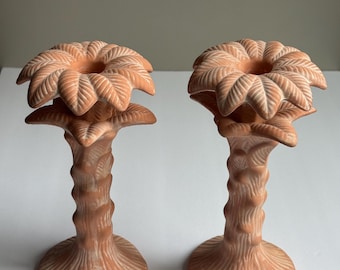 vintage terracotta ceramic palm tree candlestick holders