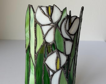 Stained Glass Calla Lily Hurricane Candle Holder, Green Floral Votive Lantern, 8" Tall
