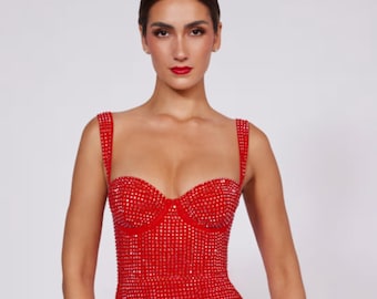 Embellished Corset Mini Dress in Fire Red, mini dresses, Red Mini Dress, prom dresses