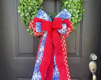 Boxwood Wreath with Red, Burlap and Blue Bow:  Front Door Decor