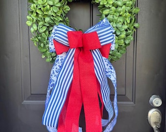 Boxwood Wreath with Red, Blue Stripe and Blue Bow:  Front Door Decor