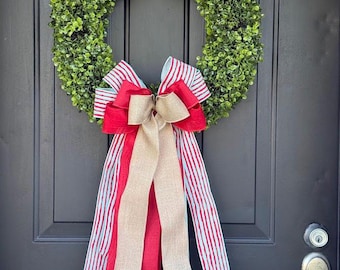 Artificial Boxwood Wreath with Red Burlap and Ice Blue Stripes Bow