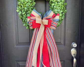 Boxwood Wreath with Red, Burlap and Blue Bow:  Front Door Decor