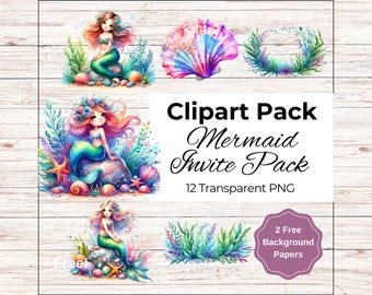 Mermaid Clipart PNG, Under the Sea Creatures & Birthday invitiation clipart pack (digital download)