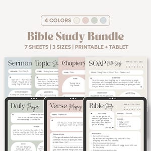 May include: A digital Bible study bundle with 7 sheets and 3 sizes, printable and tablet-ready. The image shows various templates for sermon notes, topic study, chapter analysis, SOAP study, daily prayer, verse mapping, and general Bible study. The design features a neutral color palette.