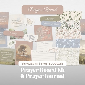 May include: A collection of pastel-colored prayer cards and journal elements. The design includes floral patterns, inspirational quotes, and the words "Prayer Board Kit & Prayer Journal." The kit contains 39 pages and is in 3 pastel colors.