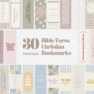 May include: A collection of 30 printable Bible verse Christian bookmarks. The bookmarks feature various designs, colors, and inspirational quotes. The text "30 Bible Verse Christian Bookmarks Printable" is displayed prominently.