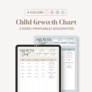 May include: A digital child growth chart, featuring the text "Child Growth Chart" and "3 Sizes | Printable | Goodnotes". The chart is shown on a tablet and a separate sheet, with space for recording measurements and notes.
