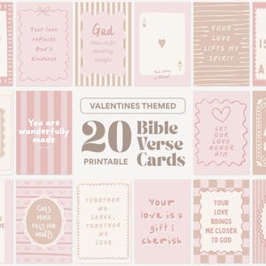 May include: A set of 20 Valentine's-themed printable Bible verse cards. The cards are in shades of pink and beige, with handwritten text and decorative borders. Each card displays a different inspirational quote, perfect for sharing with loved ones.